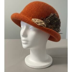 Stella Bedard Wool Felt Cloche Hat Rust Orange Feather Rosette Vintage Style